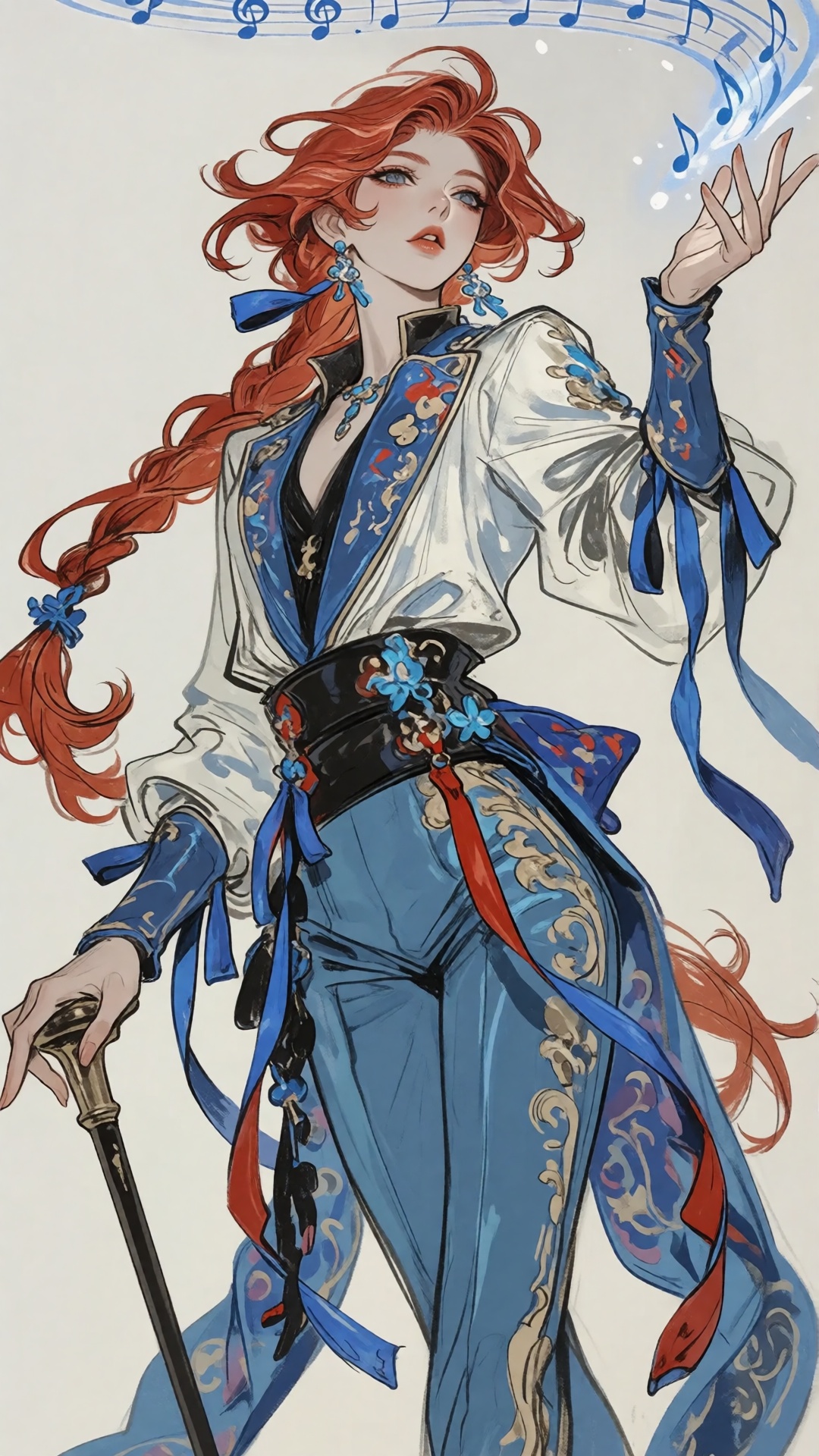 a woman with flowing red hair wears an ornate blue and white outfit,  she holds a cane,  one hand raised with musical note...