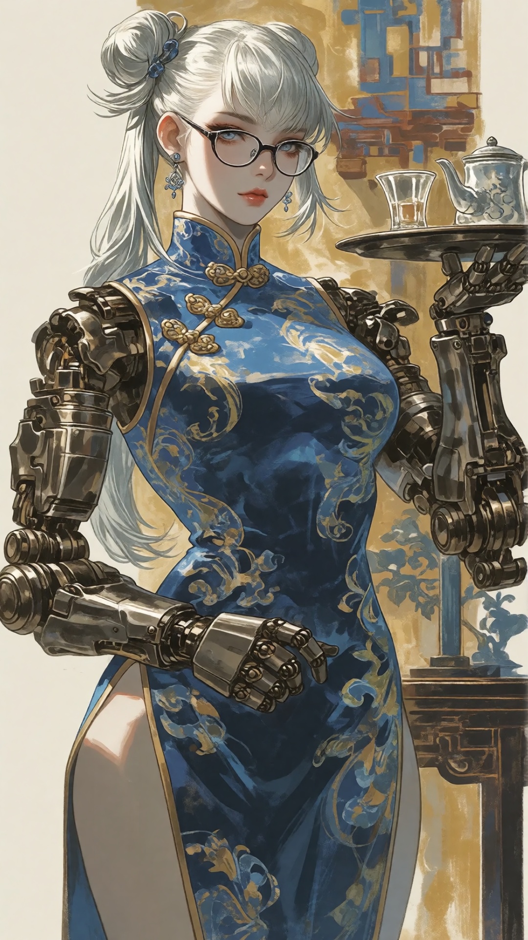 a silver-haired woman in a blue qipao with golden patterns stands elegantly,  she wears glasses and has mechanical arms,...