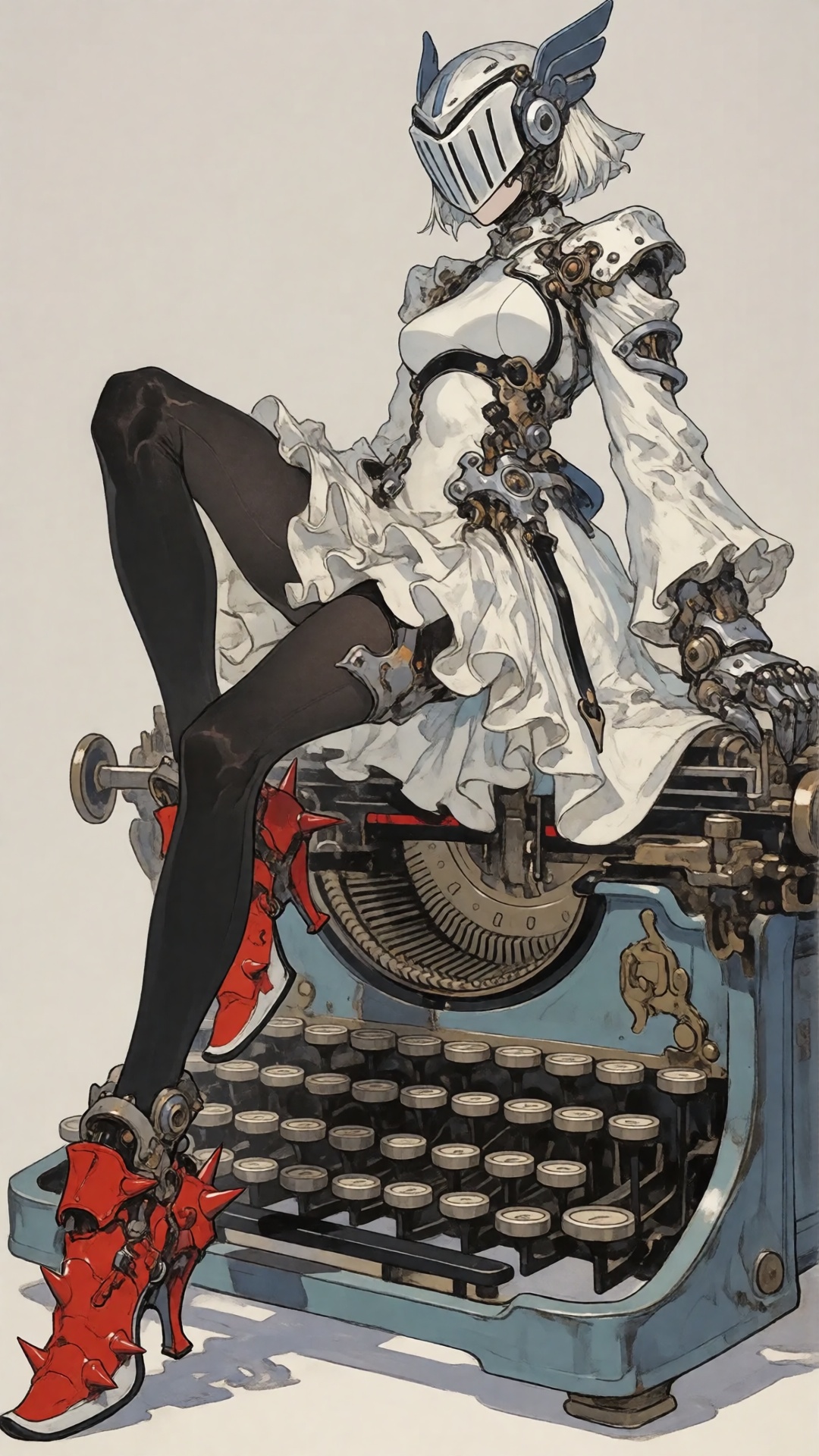 a steampunk-inspired figure sits atop a vintage typewriter,  she wears a white,  ruffled dress with mechanical armor accen...