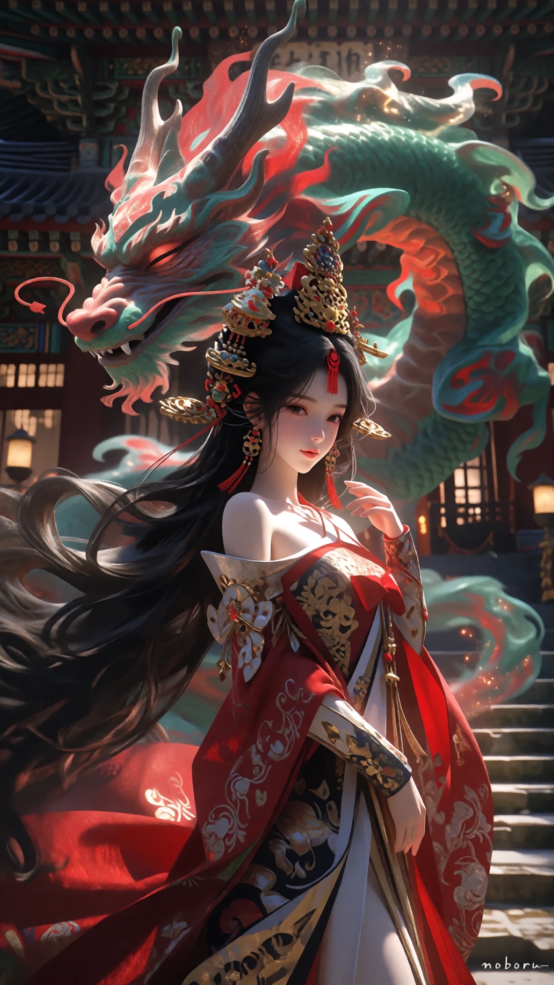this digital artwork depicts a beautiful east asian woman with long,  flowing black hair adorned with gold and red ornamen...