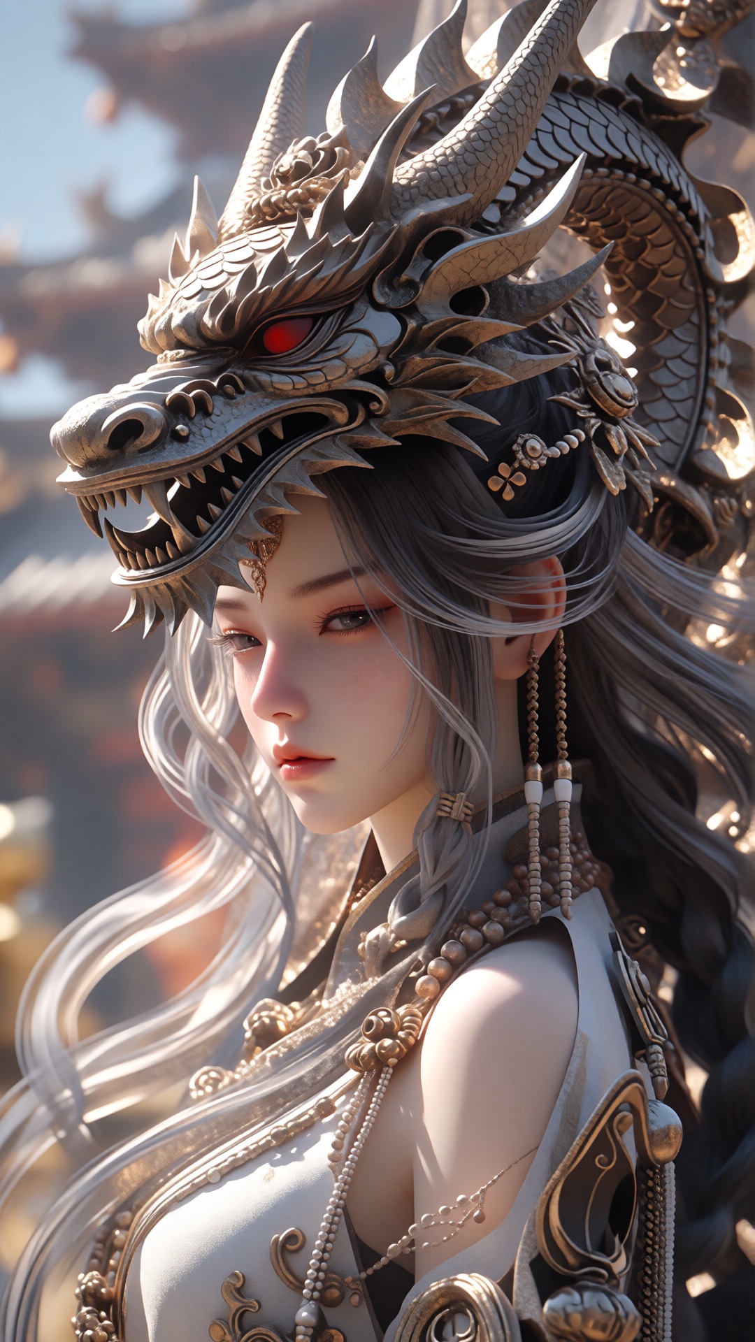 the image portrays a striking,  ethereal figure with long,  flowing silver hair and delicate facial features on Tensor.Art