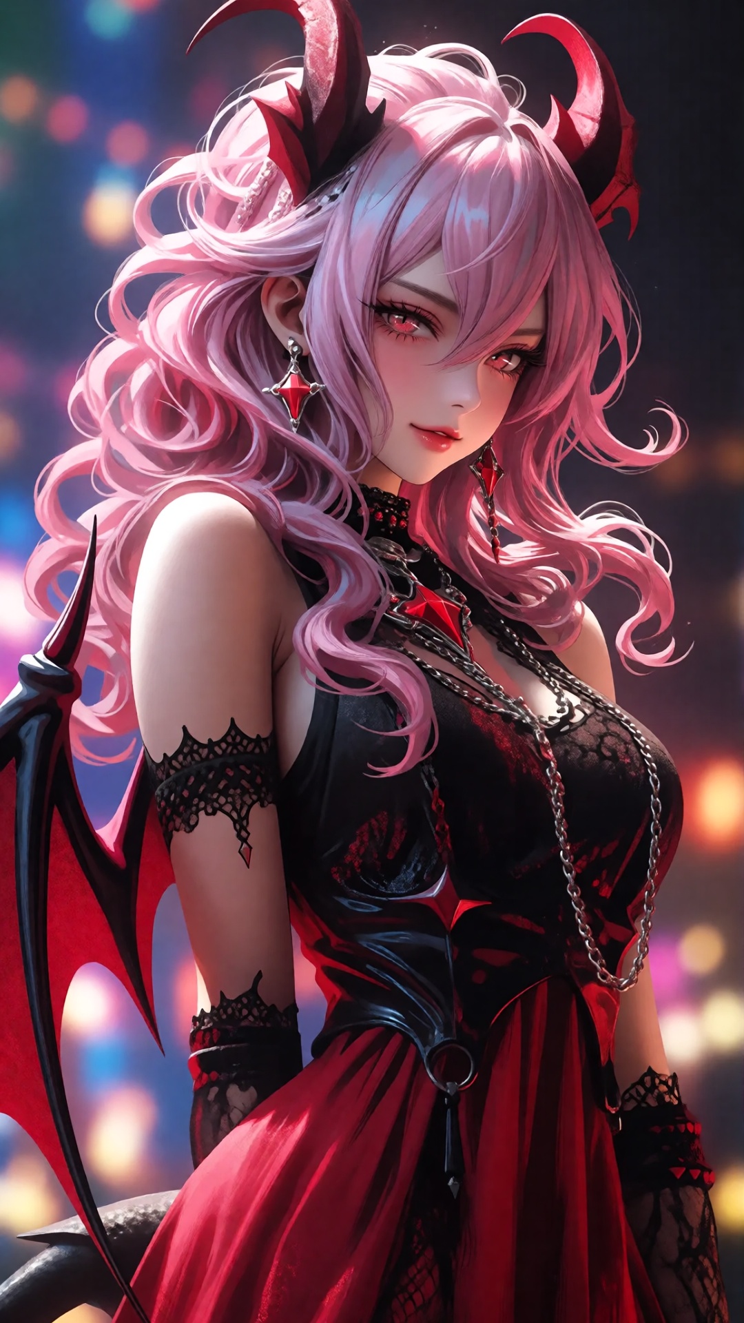 this is a digital anime-style illustration of a seductive,  pink-haired demon woman with red eyes and small,  curved red h...