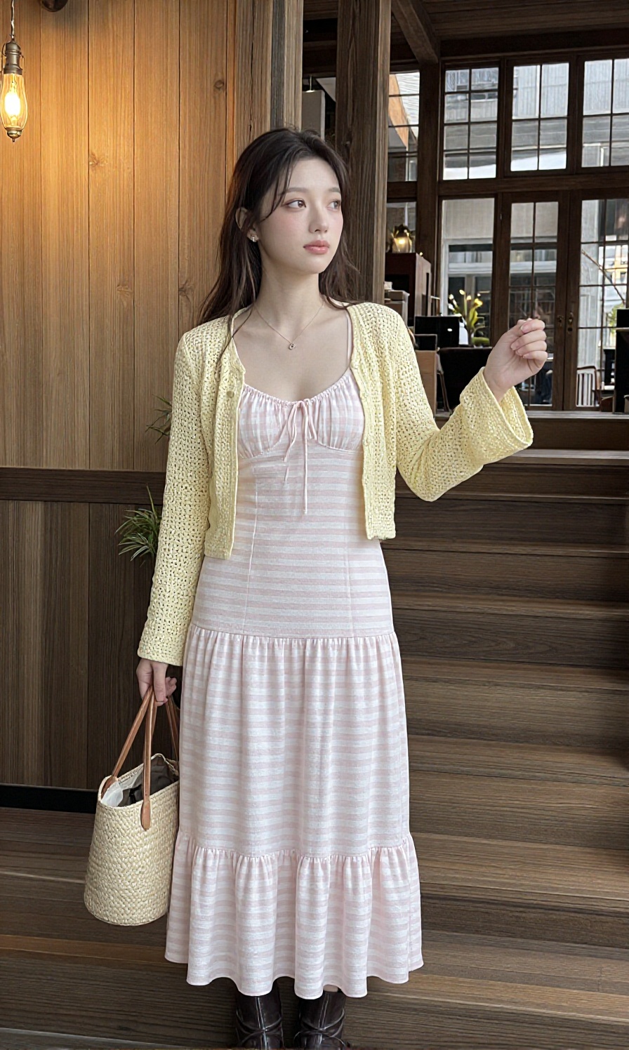 A young woman with a large breast is dressed in a pastel pink and white horizontal striped sundress with a tiered ruffled...