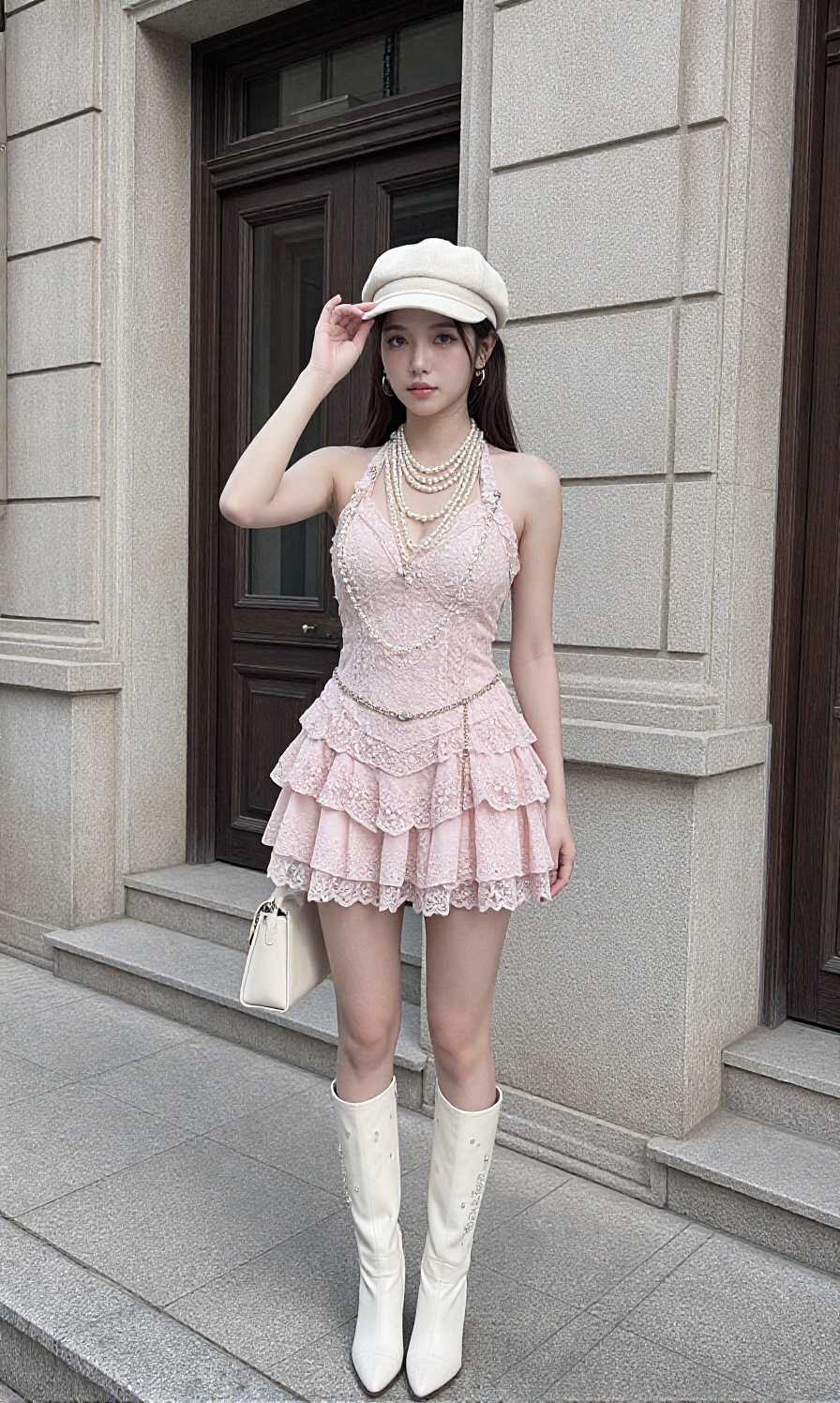 A young woman with a large breast is dressed in an ornate pink lace ruffle mini dress featuring a halter neckline adorned...