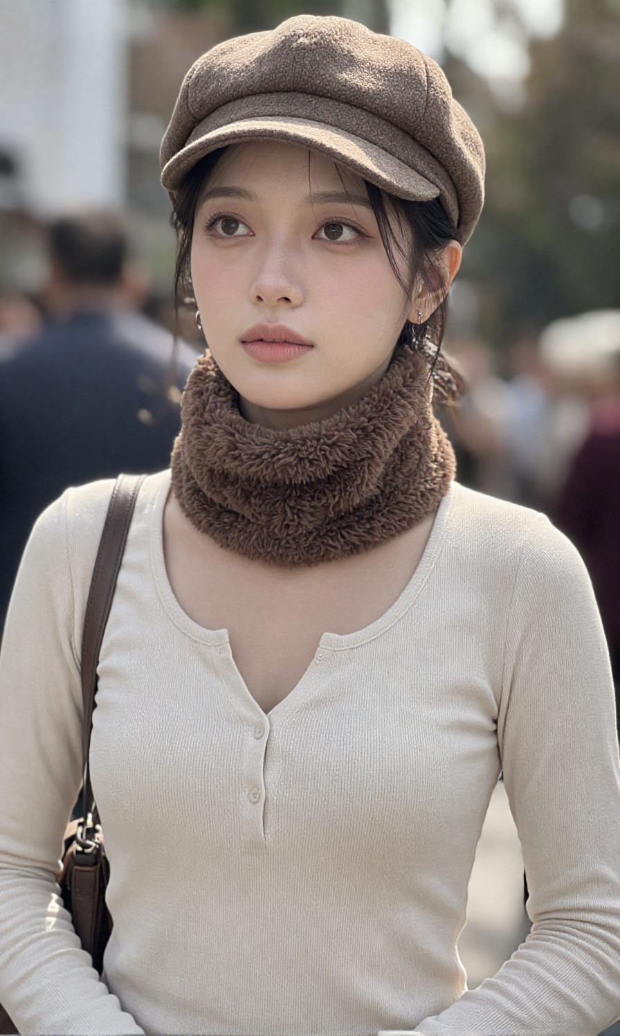 A young woman with a large breast is wearing a long sleeved beige ribbed knit henley top,  a brown textured fur baker boy...