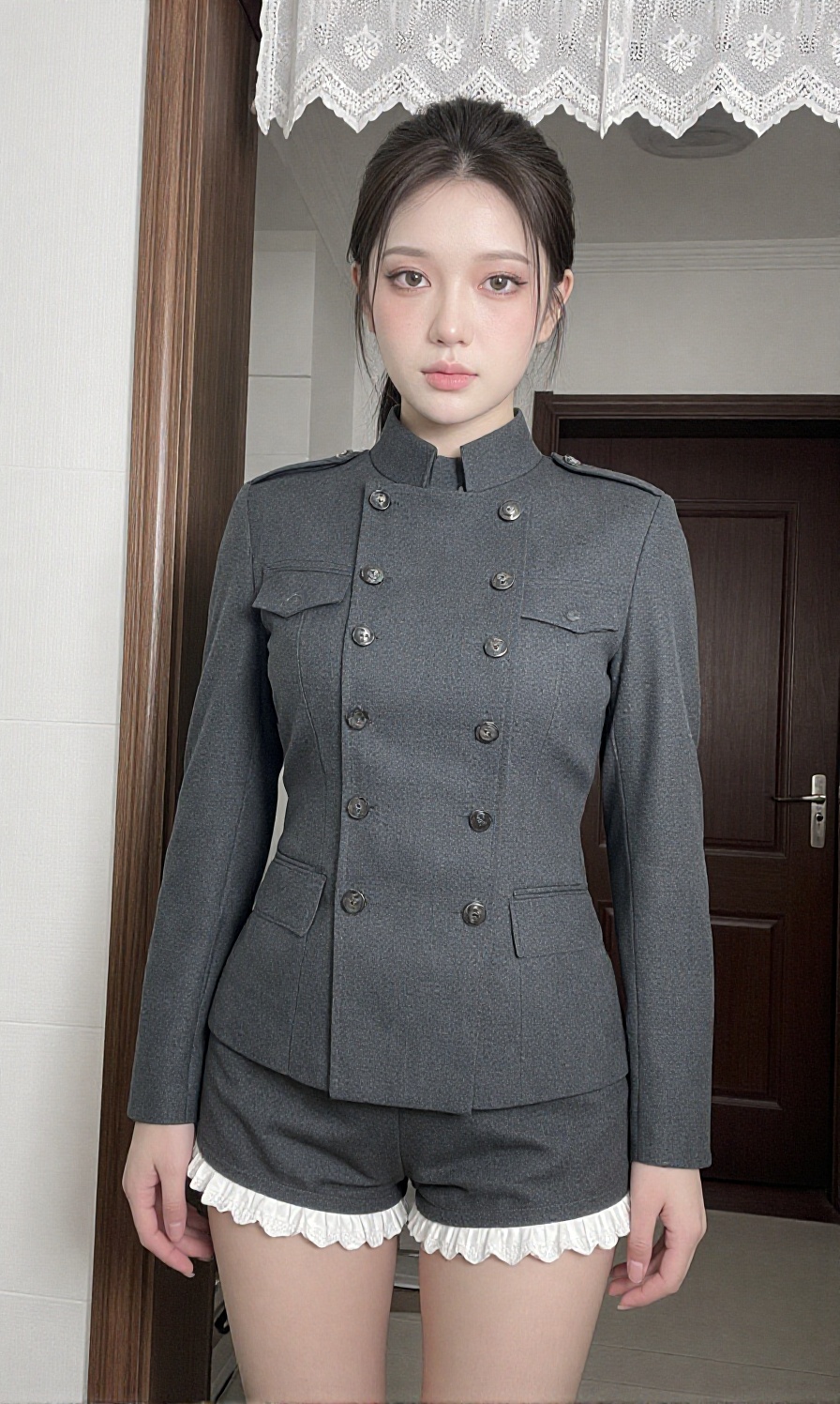A young woman with a large breast is styled in a fitted dark grey military style jacket with double breasted metallic butt...