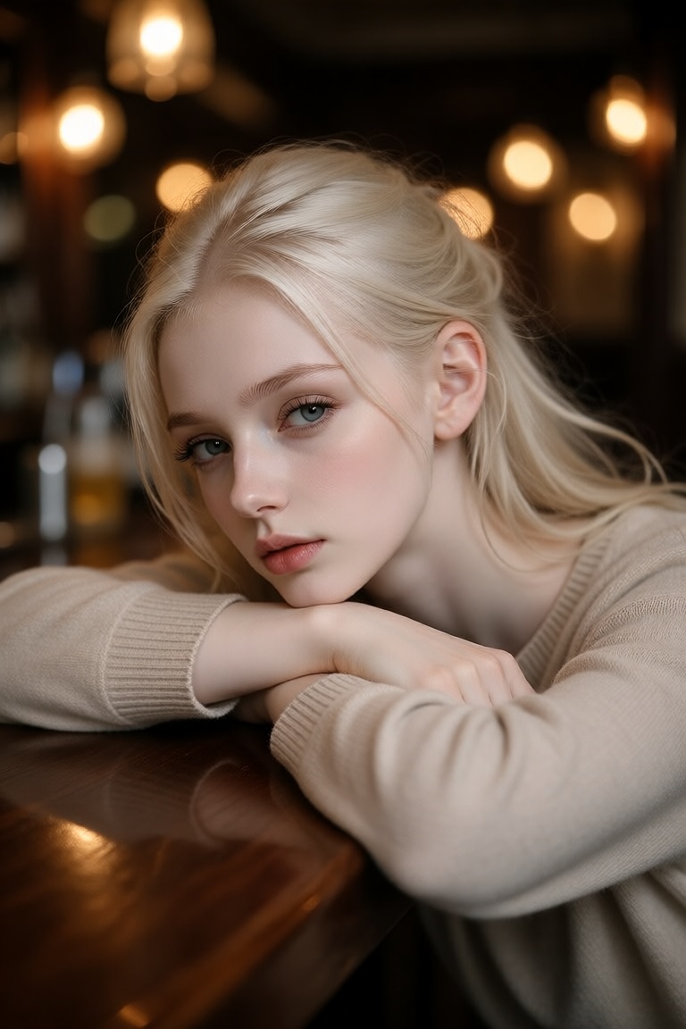this photograph features a young woman with fair skin and platinum blonde hair,  styled in a loose,  slightly messy updo w...