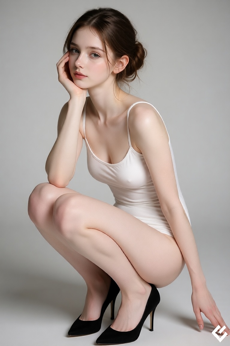 Photograph of a young woman with fair skin and brown hair in a loose bun,  crouching on her toes. She wears a white,  form...