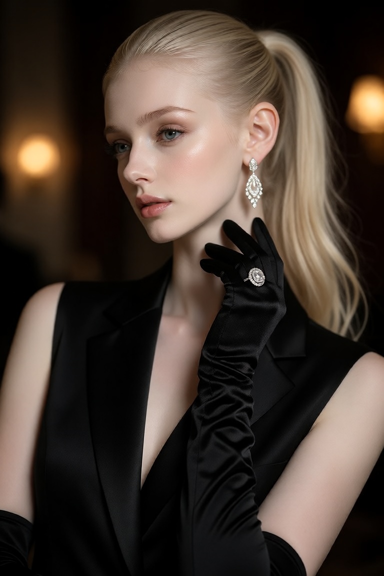 this is a high-quality,  professionally shot photograph of a woman with fair skin and blonde hair pulled back into a sleek...