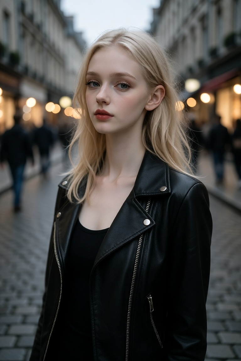 photograph of a young caucasian woman with fair skin and blonde,  slightly wavy hair that falls just past her shoulders,...