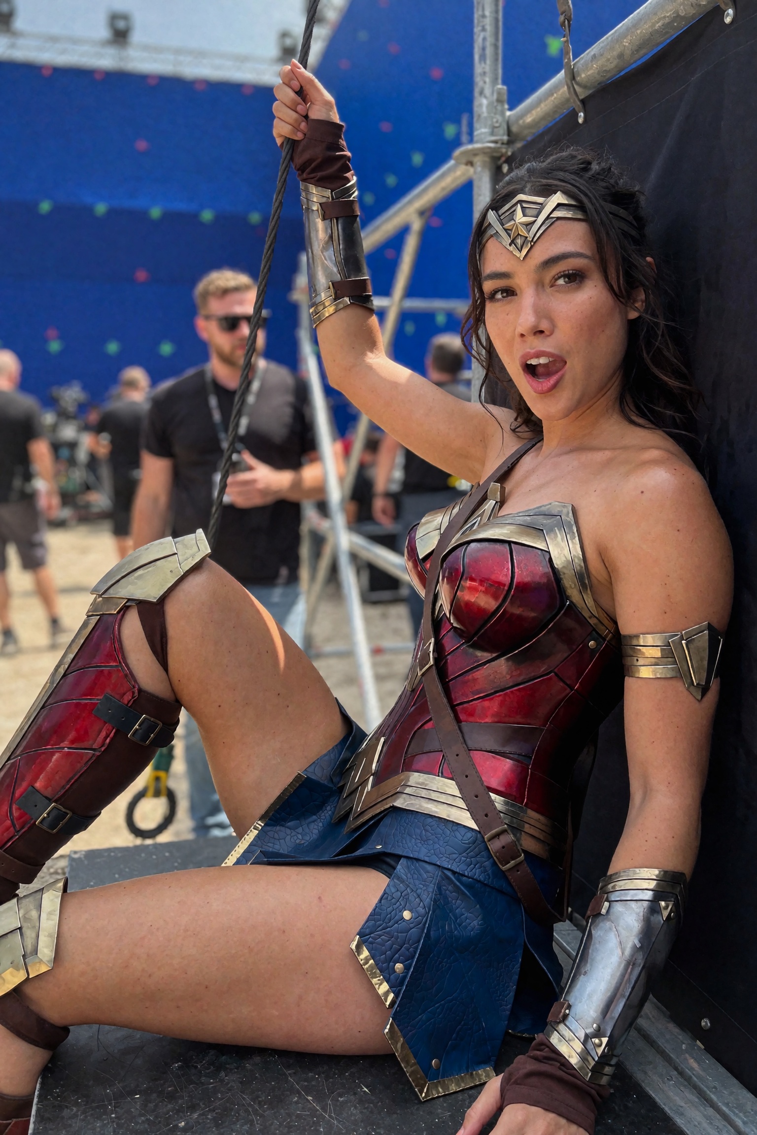 Candid documentary-style UGC behind-the-scenes smartphone snapshot of a woman in an Amazonian warrior superhero costume se...