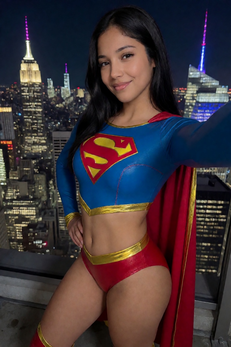 A very fit,  very pretty latina girl with long dark hair wearing a tight Supergirl outfit stands on the roof of a skyscrap...
