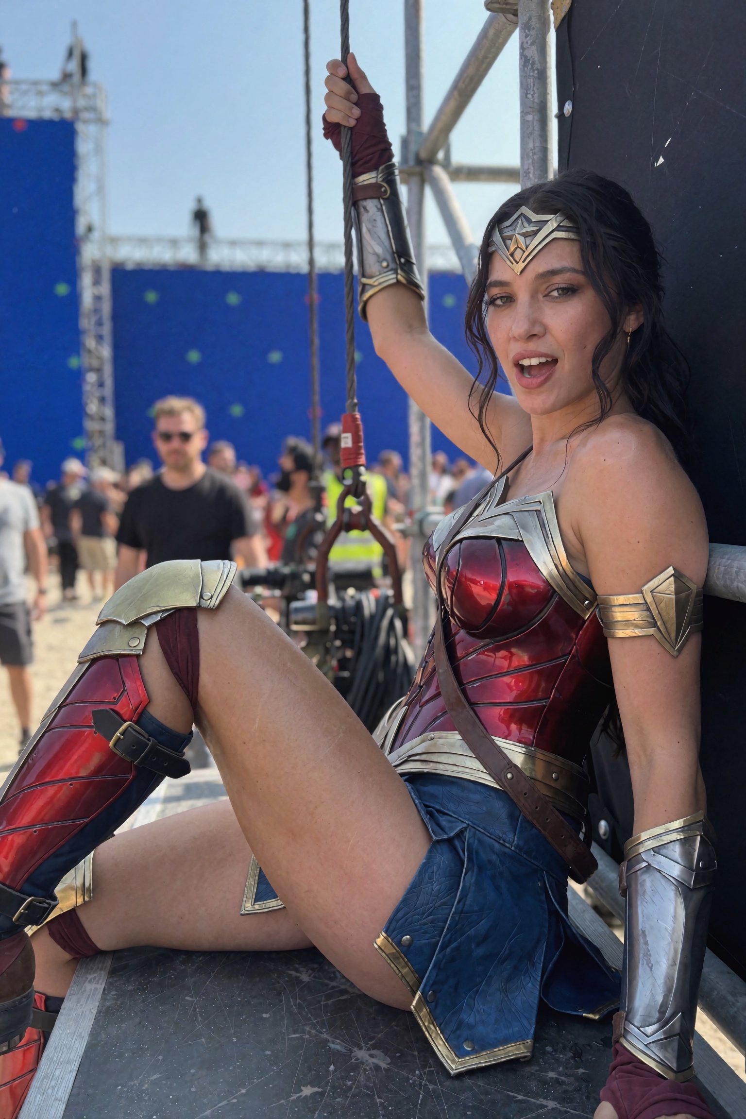 Candid documentary-style UGC behind-the-scenes smartphone snapshot of a woman in an Amazonian warrior superhero costume se...