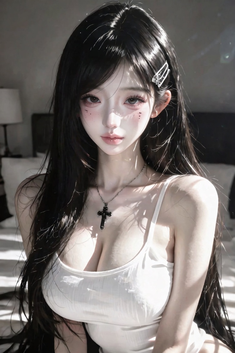 A soft,  elegant portrait of a young Asian woman with very long straight black hair,  wearing silver hair clips on both si...