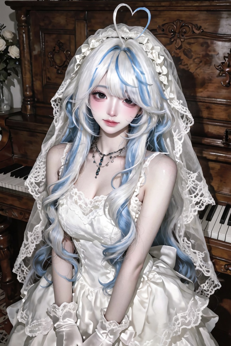 Her eyes are white.,  An Dingding features soft white hair with light blue highlights throughout the entire hair from the...