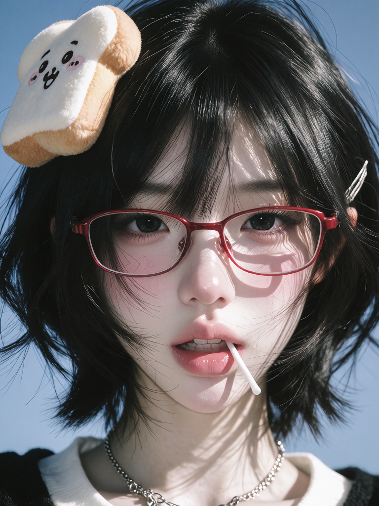 A hyper-realistic close-up portrait of a cute Asian youth against a clear bright blue sky. Face details: flawless pale ski...