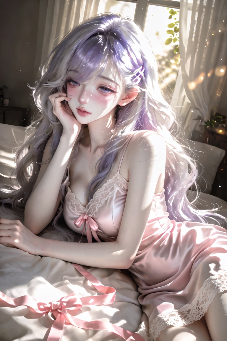 Anime-style illustration of a young woman with long lavender/silver wavy hair with diagonal side-swept bangs,  reclining s...