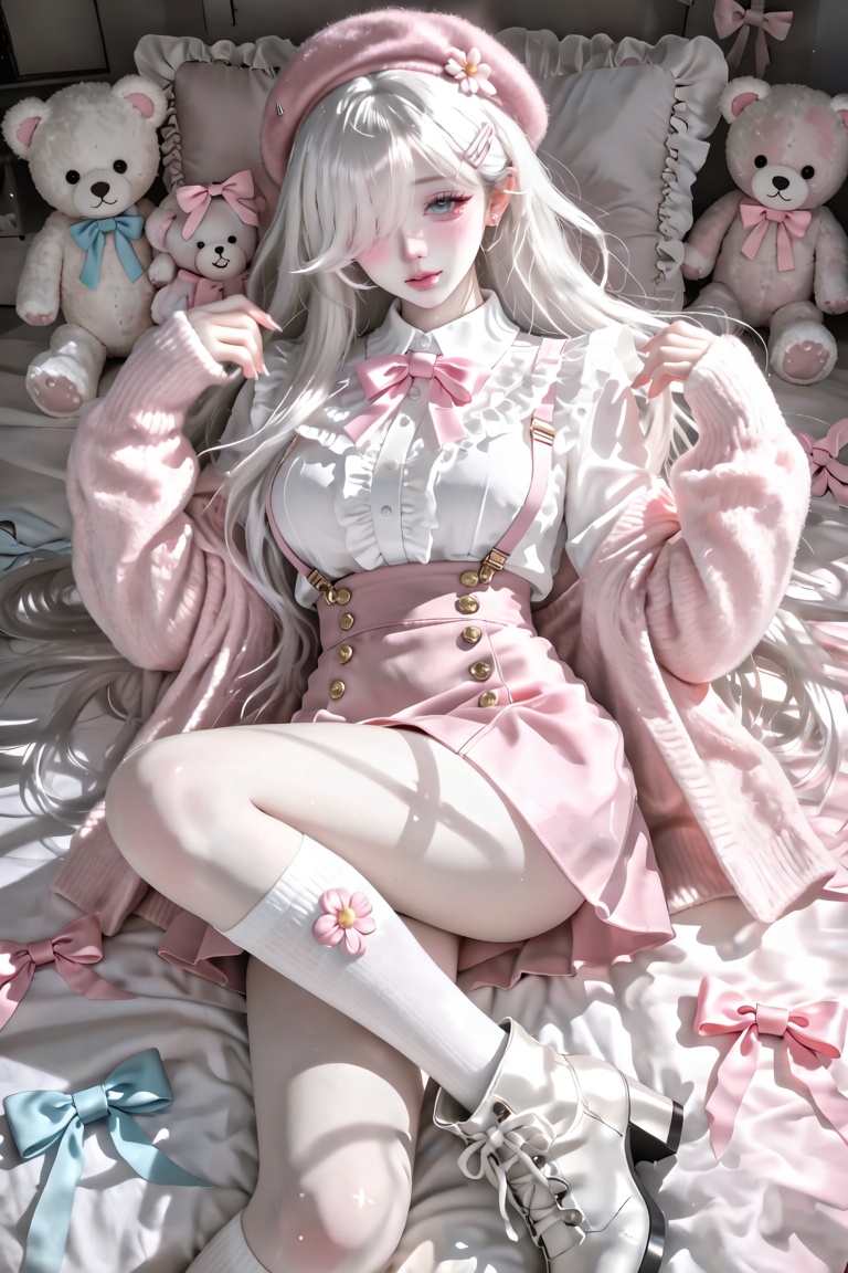 Anime-style illustration of a young woman lying on a bed,  long white/silver hair with side-swept bangs covering one eye,...