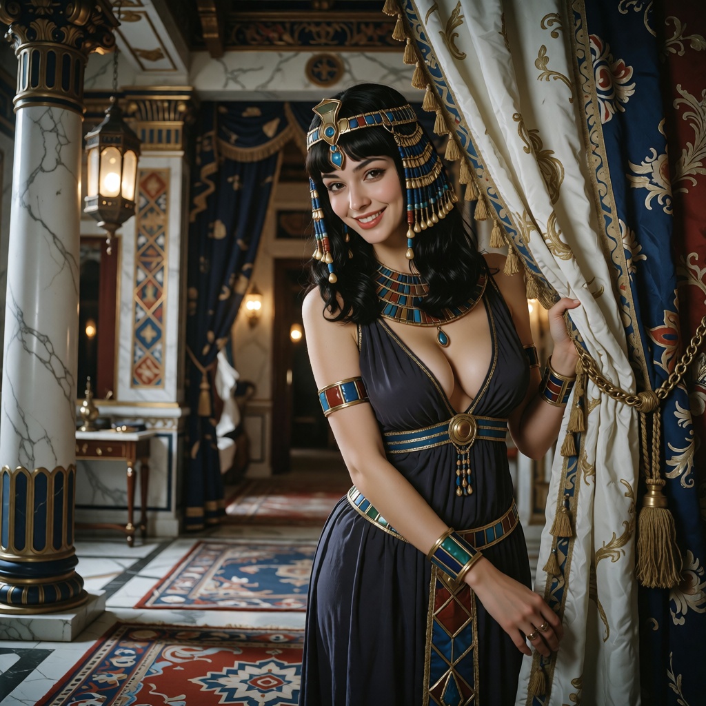 ```text raw realistic cinematic portrait of Cleopatra,  exceptionally beautiful Egyptian queen,  unmistakable main subject...