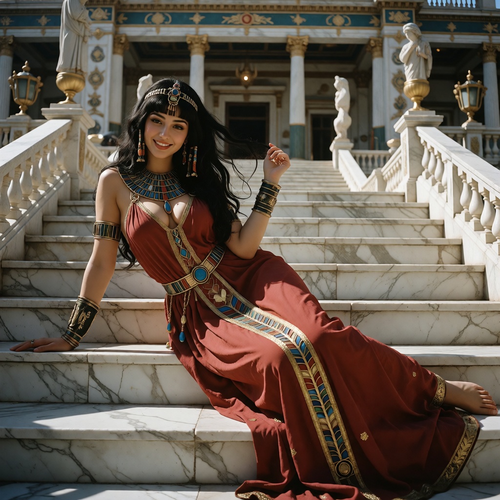 ```text raw realistic cinematic historical portrait of Cleopatra,  exceptionally beautiful Egyptian queen,  unmistakable m...