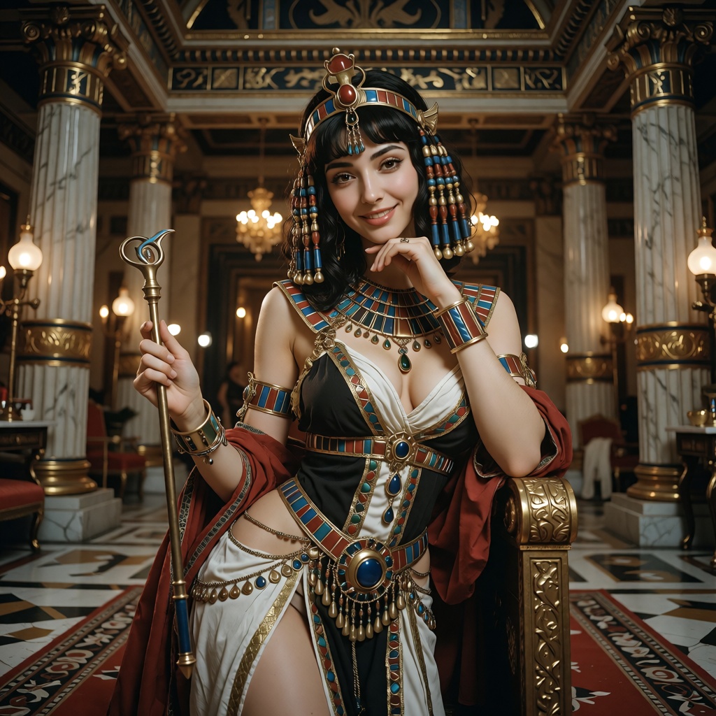 ```text raw realistic cinematic historical portrait of Cleopatra,  exceptionally beautiful Egyptian queen,  unmistakable m...