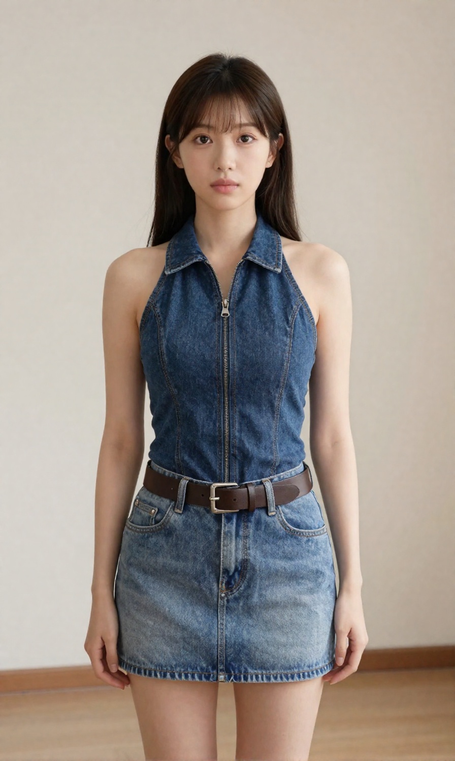 A young woman with a large breast wears a sleeveless dark blue denim halter top with a front zipper and collar,  paired wi...