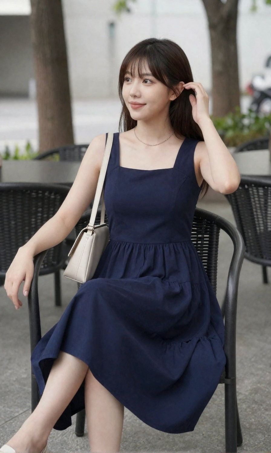 A young woman with a large breast is styled in a dark navy blue sleeveless tier midi dress with a square neckline,  access...