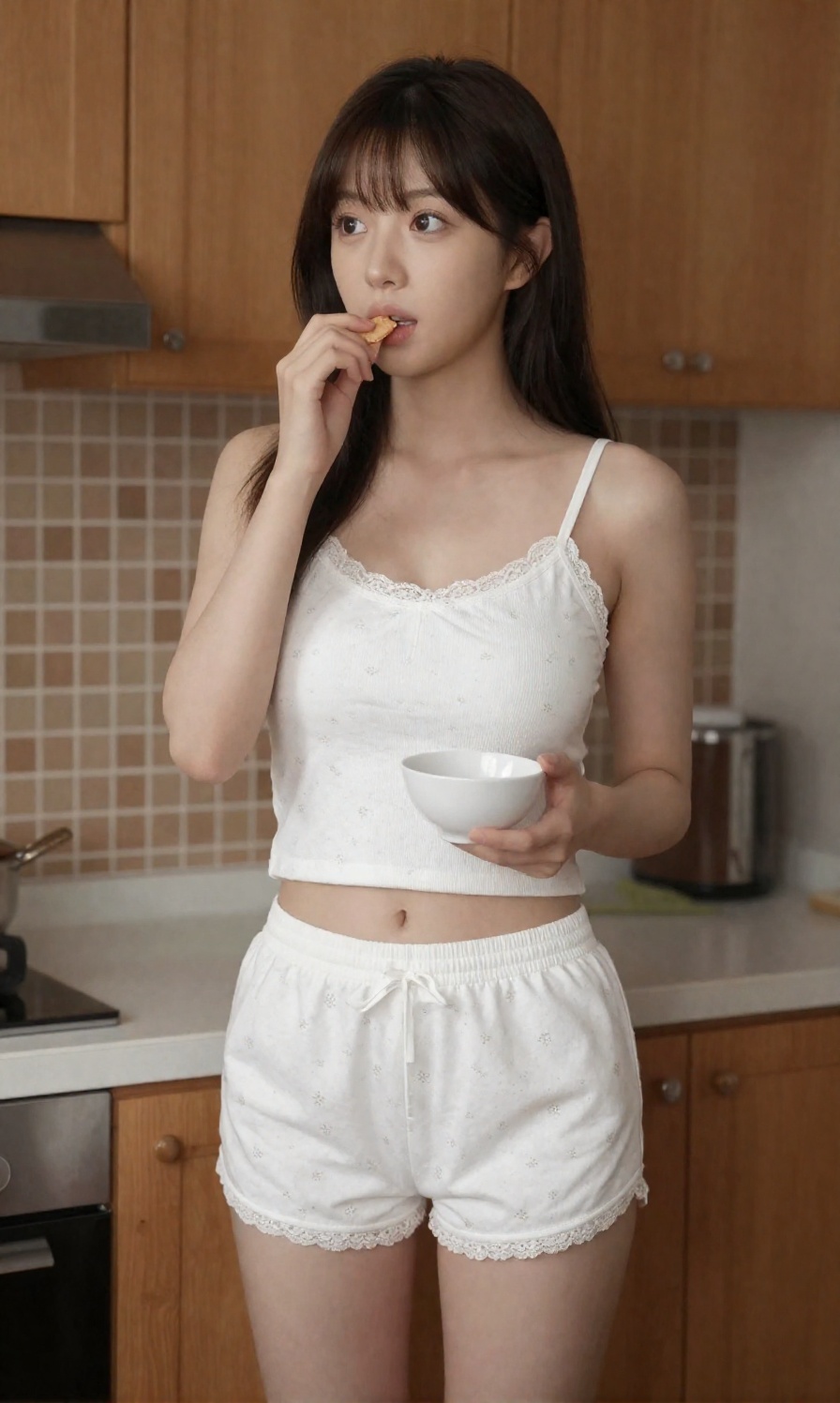 A young woman with a large breast wears a matching white two piece loungewear set featuring a subtle floral print **** top...