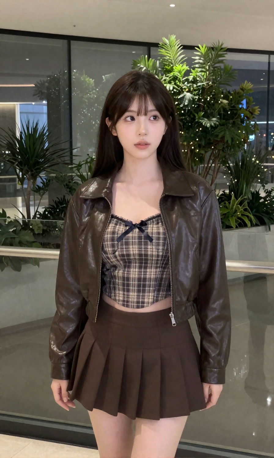 A young woman with a large breast wears a cropped dark brown leather jacket over a plaid corset style top with delicate ri...
