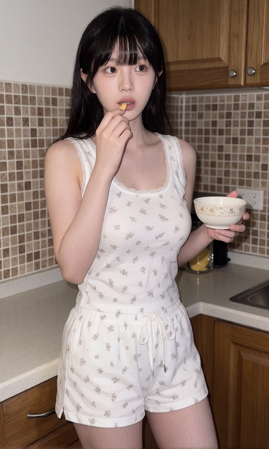 A young woman with a large breast wears a matching white two piece loungewear set featuring a subtle floral print **** top...