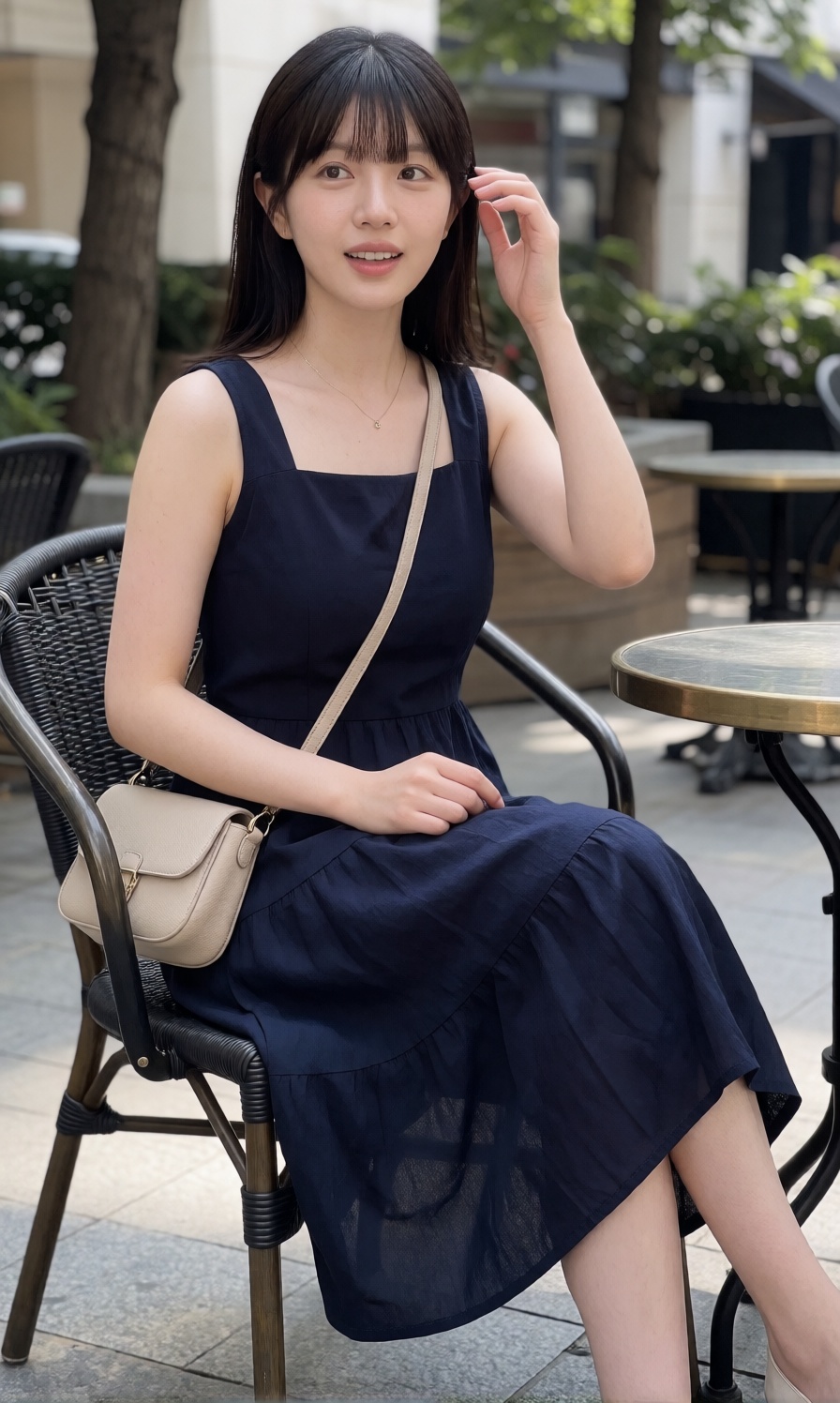A young woman with a large breast is styled in a dark navy blue sleeveless tier midi dress with a square neckline,  access...