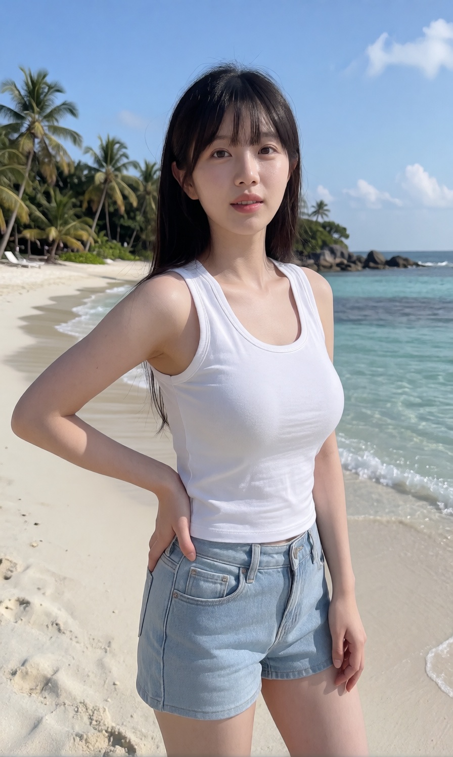 A young woman with a large breast wears a simple white ribbed **** top paired with light blue denim shorts,  standing on a...