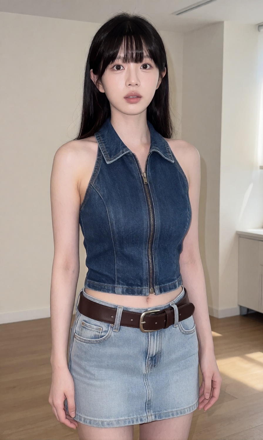 A young woman with a large breast wears a sleeveless dark blue denim halter top with a front zipper and collar,  paired wi...
