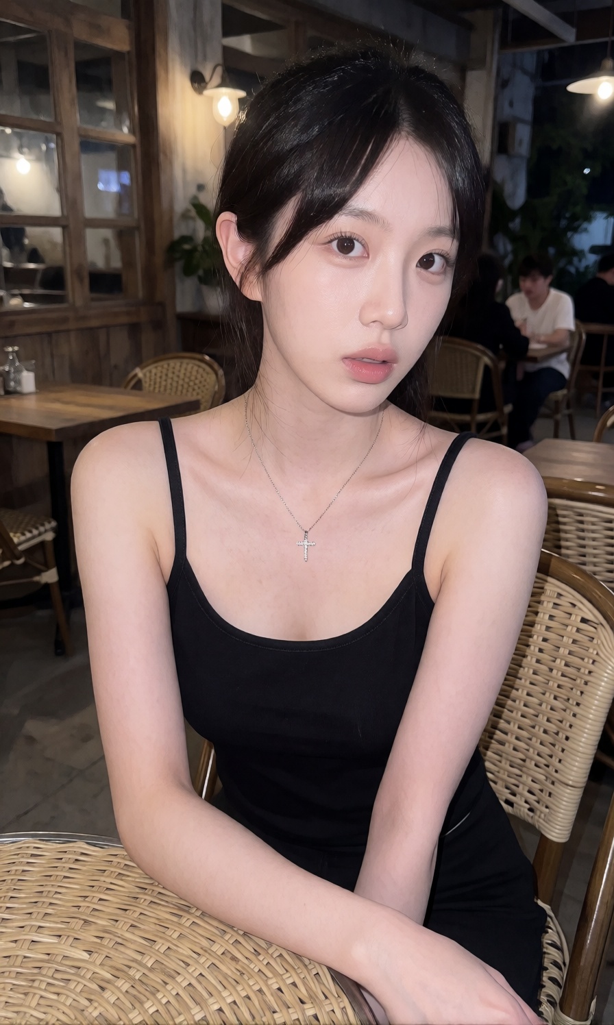 A young woman with a large breast is dressed in a simple black spaghetti strap camisole top paired with a delicate cross p...