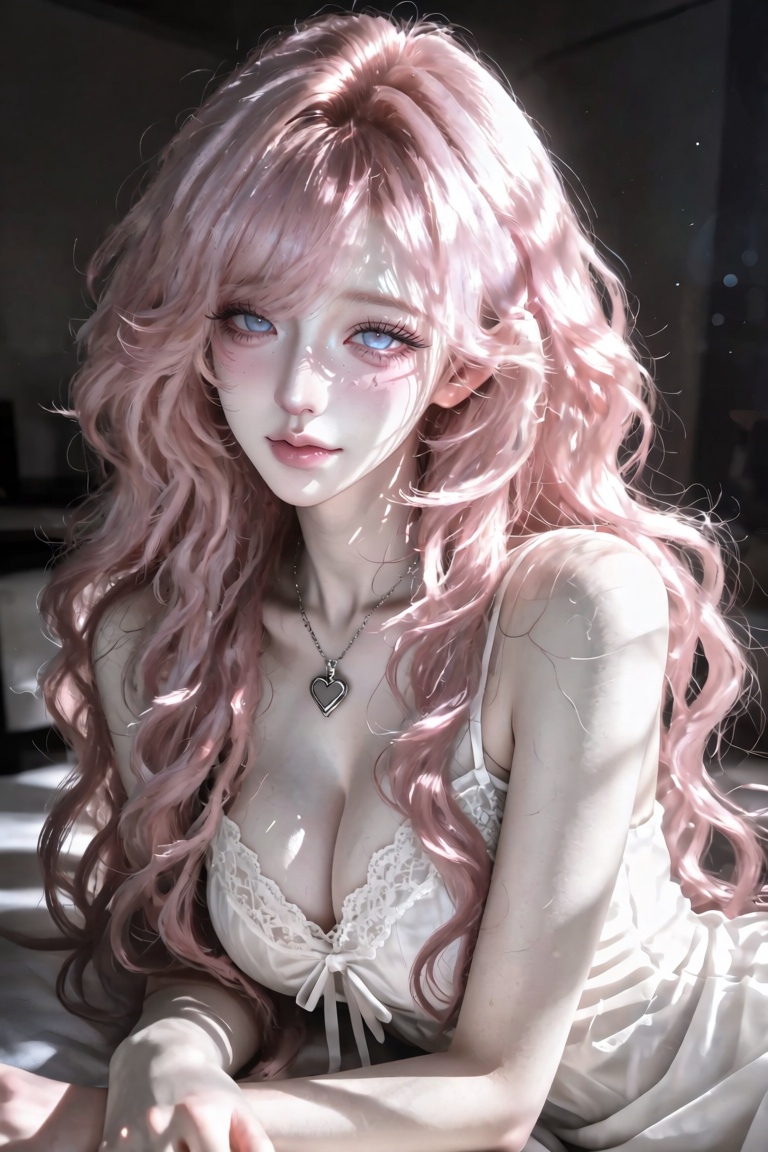 A beautiful middle-aged woman with long,  curly pink hair,  cut in a Japanese layered style (emphasis on layers). Her hair...
