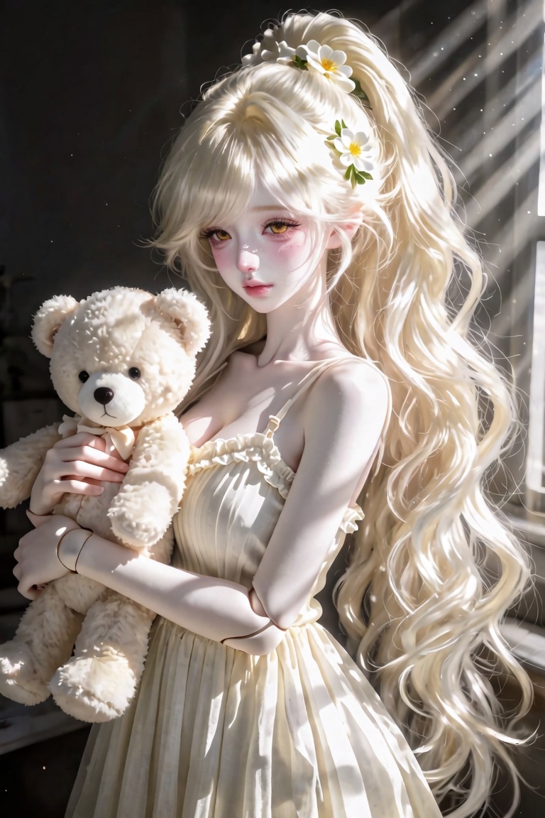 Hyper-realistic portrait of a porcelain-skinned ball-jointed doll (BJD) style young woman with extremely long,  voluminous...