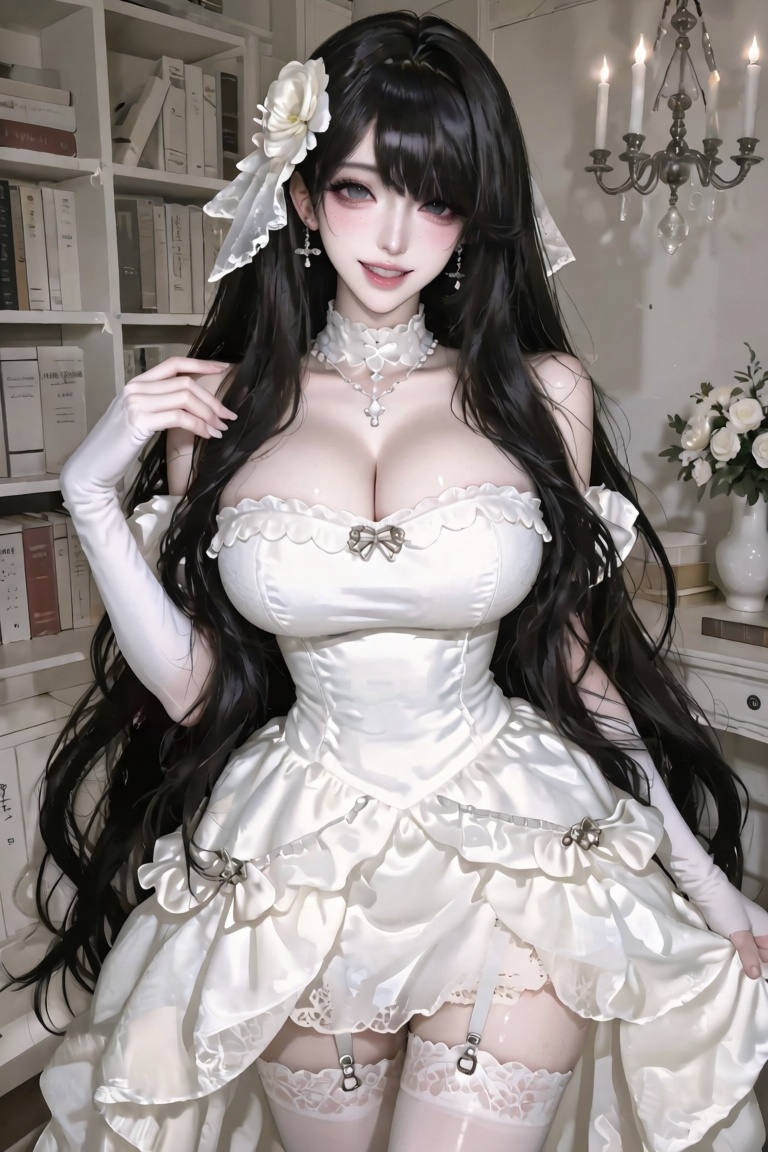 Create a female character with long,  distinctive black hair,  a side-swept fringe on Tensor.Art