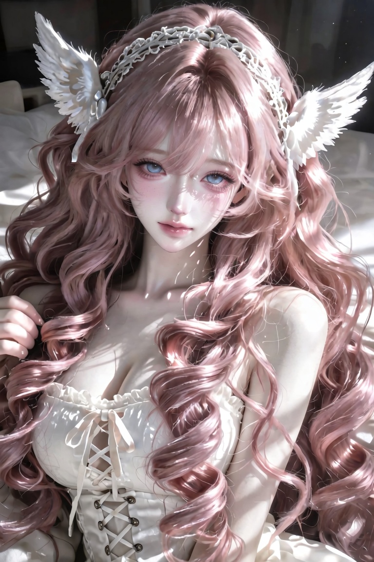 Hyper-realistic ,  focus on elaborate hairstyle: long dusty rose/mauve pink curly hair with thick voluminous ringlet curls...