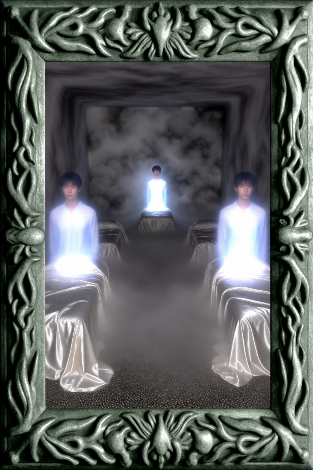 glyveesart,  A wide environmental shot within a heavily textured,  greenish-grey ornate frame depicts a room filled with t...