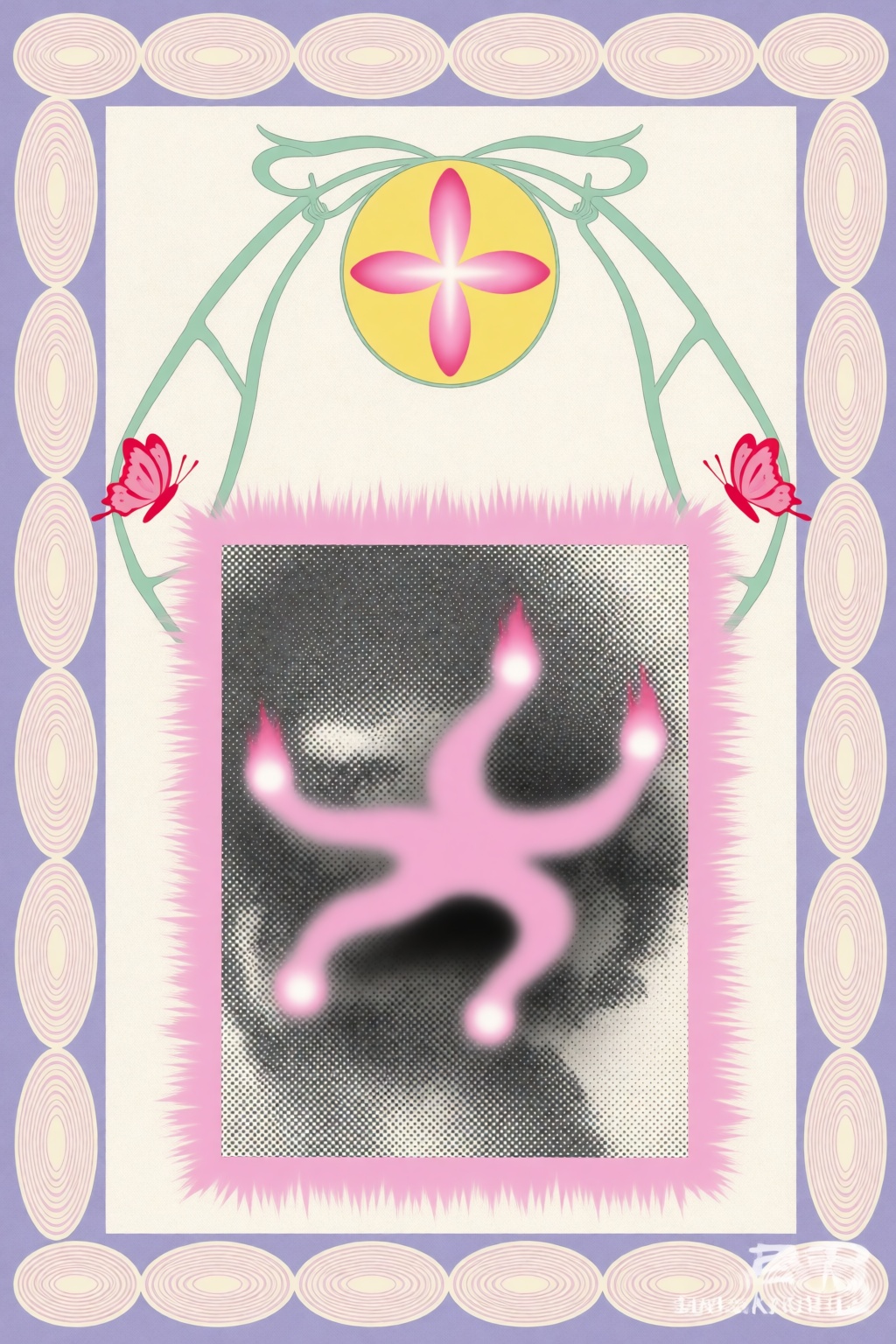gothkitschart,  A medium shot with a portrait orientation and centered perspective shows a digital mixed-media illustratio...