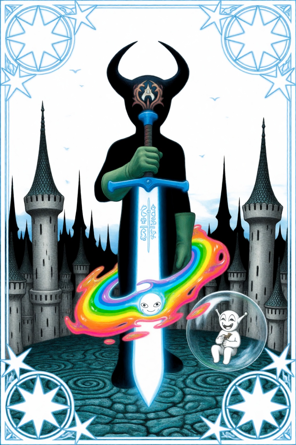 gothkitschart,  A full shot from a low camera height depicts a dark,  horned figure standing centrally in a fantasy enviro...
