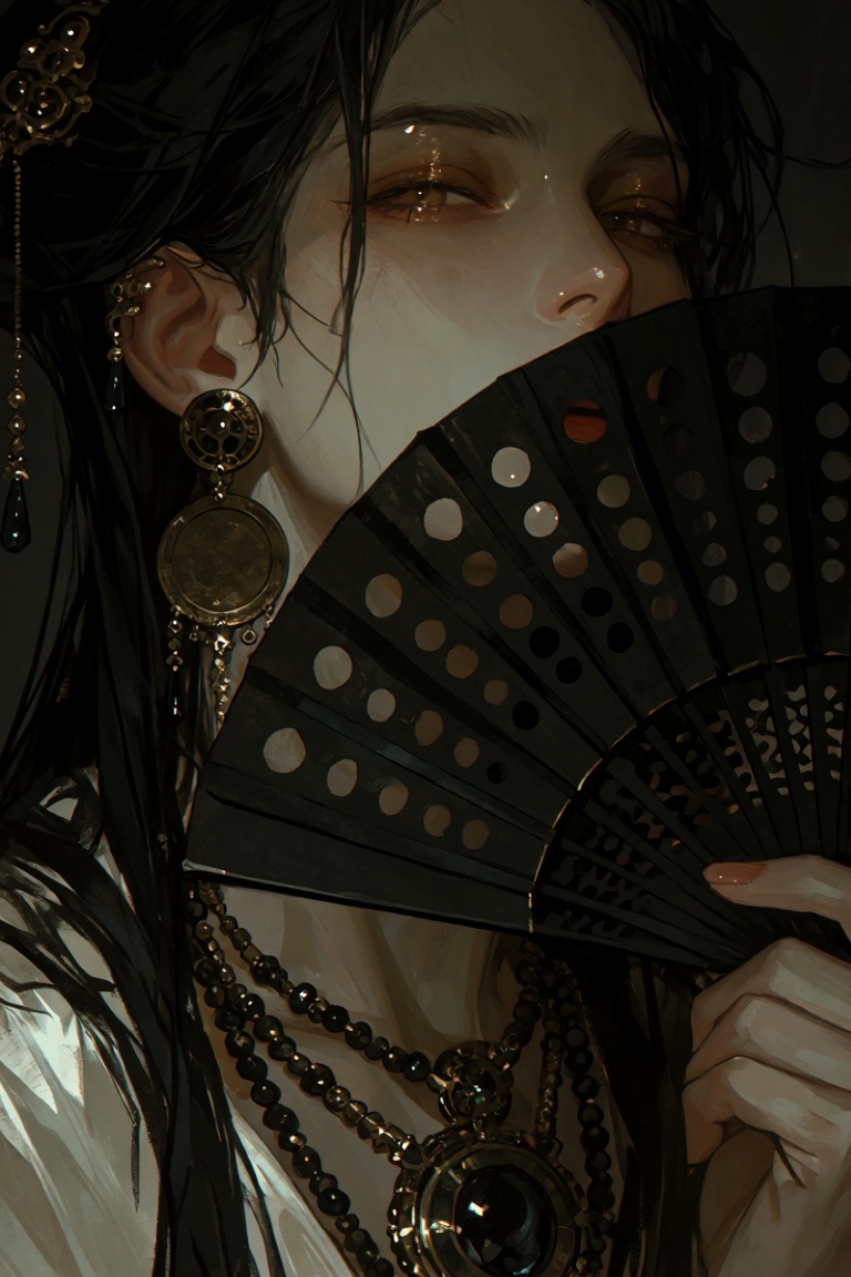 create a digital illustration in a semi realistic artstyle,  view : The image depicts a person holding a black folding fan...