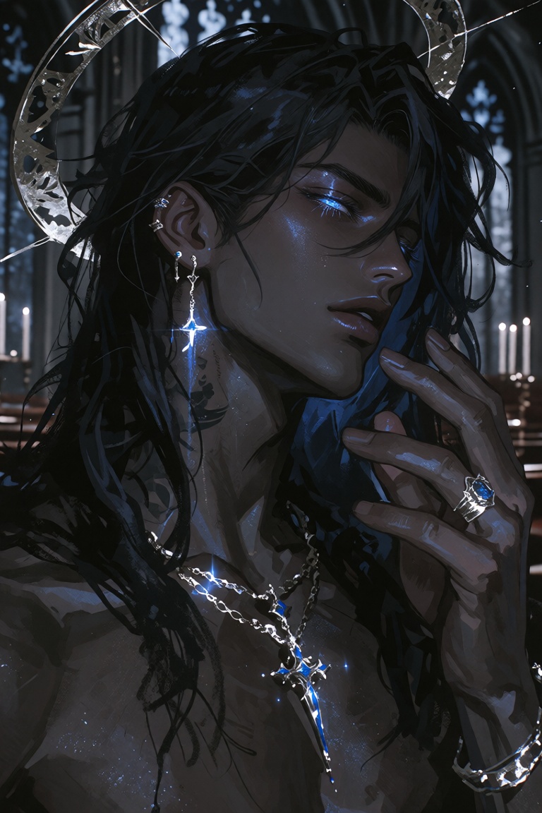 create a digital illustration in a semi realistic artstyle,  view from the waist up: Dark-skinned male. He has long,  blac...