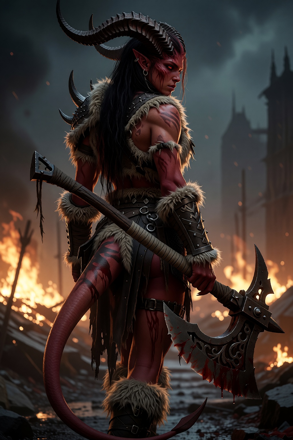 tiefling barbarian,  tall muscular female tiefling,  deep crimson skin on Tensor.Art