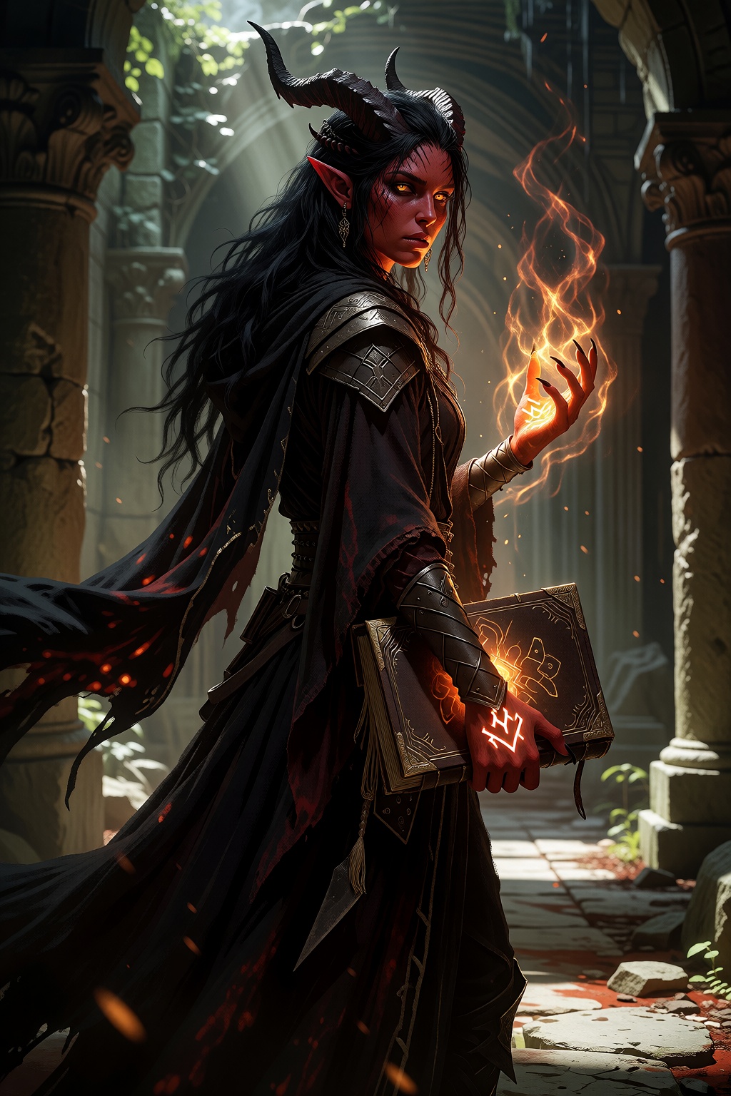 tiefling warlock woman,  crimson red skin,  curved black horns on Tensor.Art