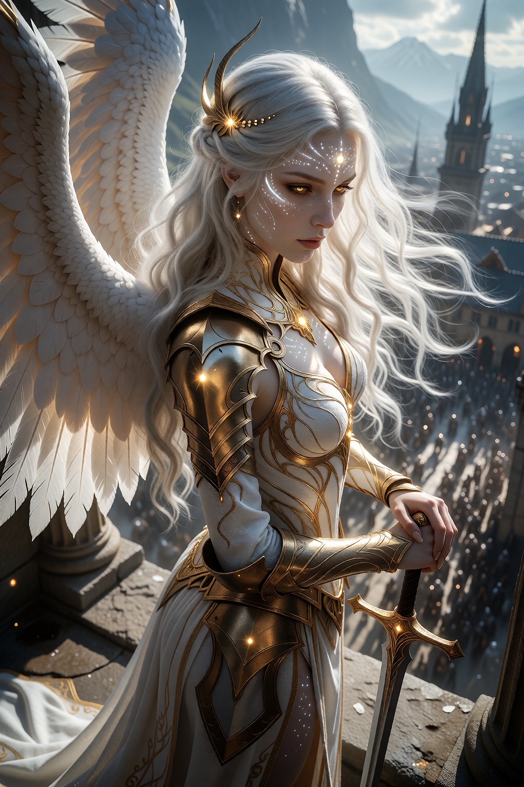 aasimar woman,  pale luminous skin,  long silver hair on Tensor.Art