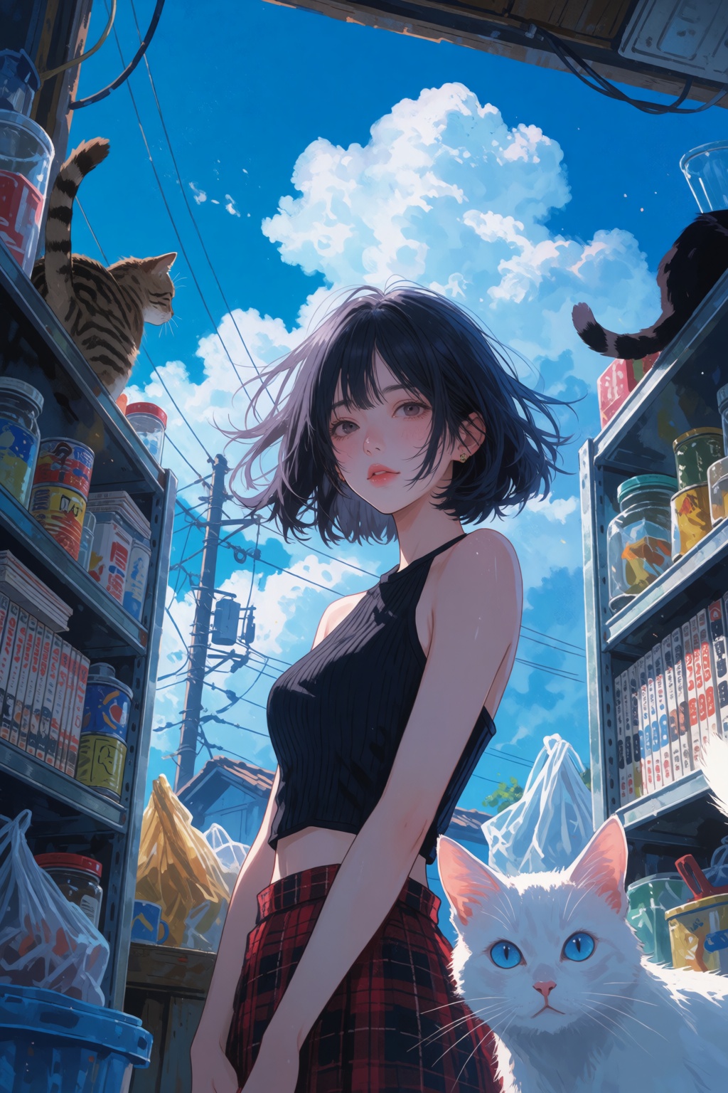 A young woman with a short,  wind-tousled black bob and wispy bangs looks down toward the viewer with a calm,  wistful exp...