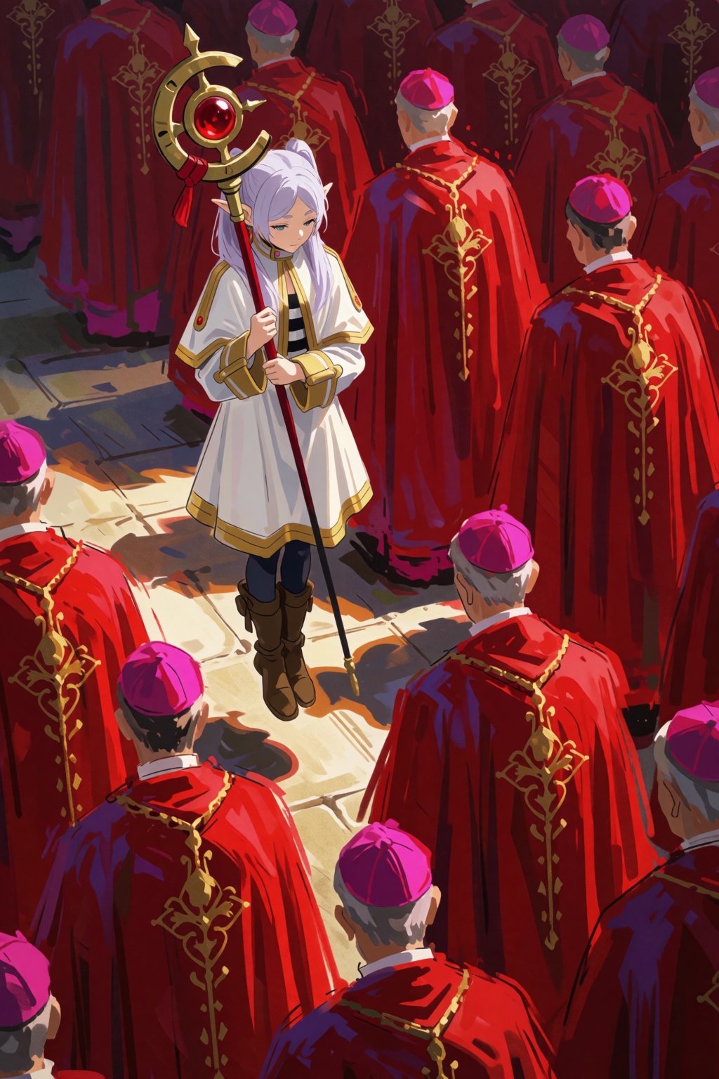 white-haired elf girl with pointed ears and long silver hair stands alone and elevated floating in the foreground,  grippi...