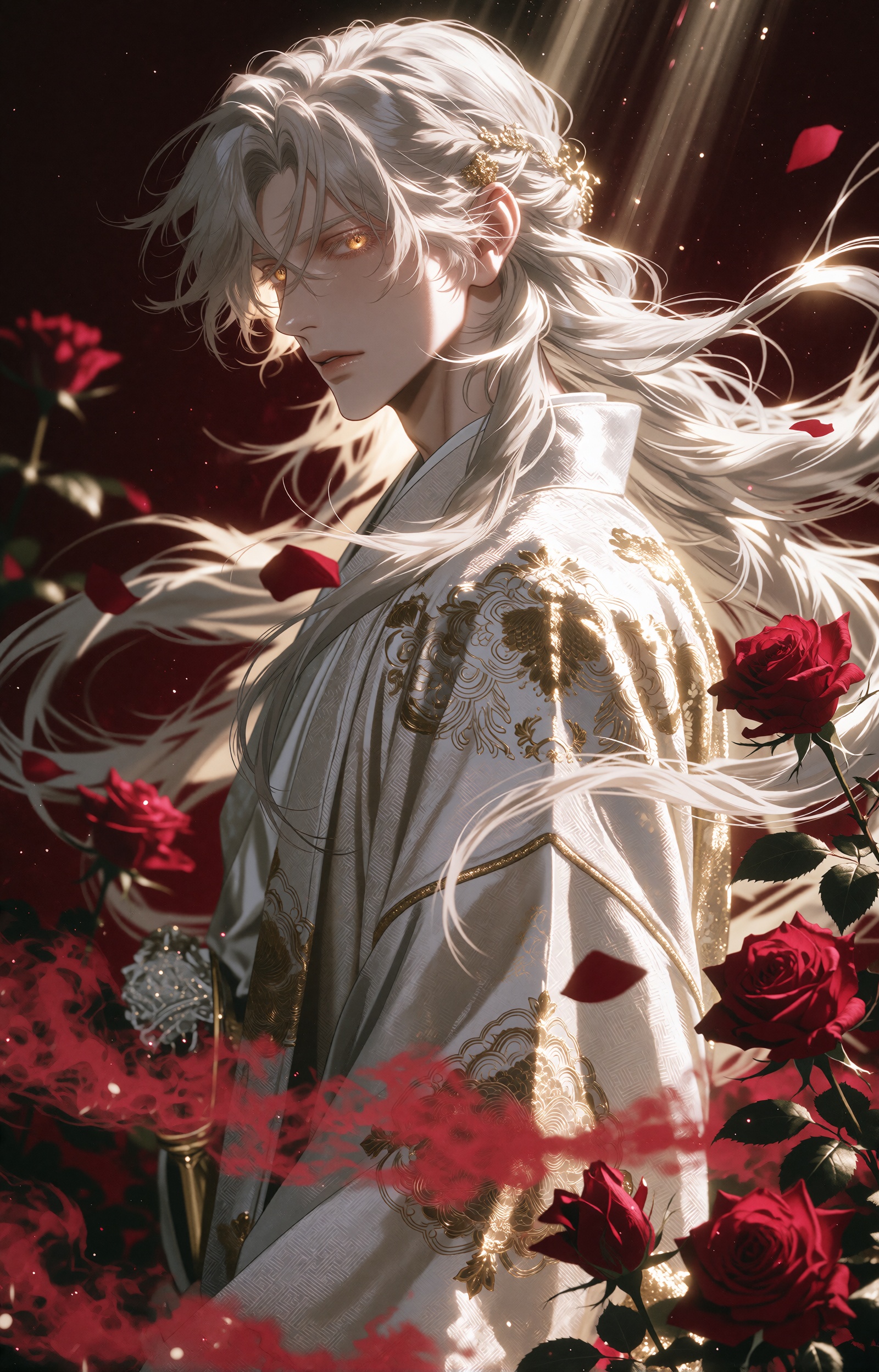 A melancholic man with absurdly long flowing white hair stands in side profile against a deep crimson background,  his rad...