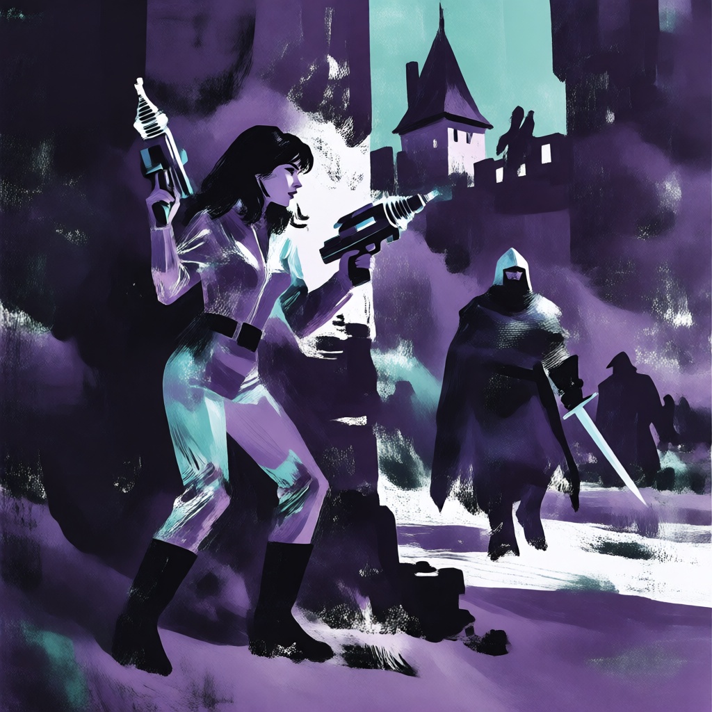 A woman in a sci-fi jumpsuit holding a futuristic ray gun pistol sneaks through courtyard of a medieval castle,  hiding at...